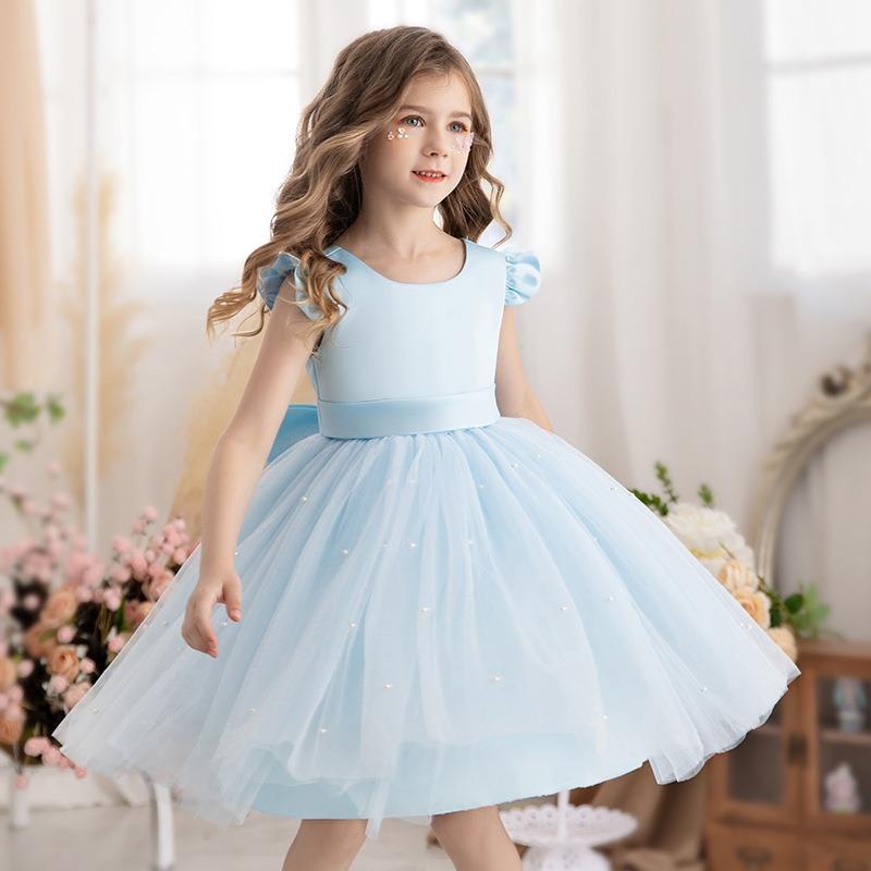 Girl Flower Birthday Tulle Dress Bow Wedding Kids Party Wear Princess Blue Dress Baby Bowknot Dresses