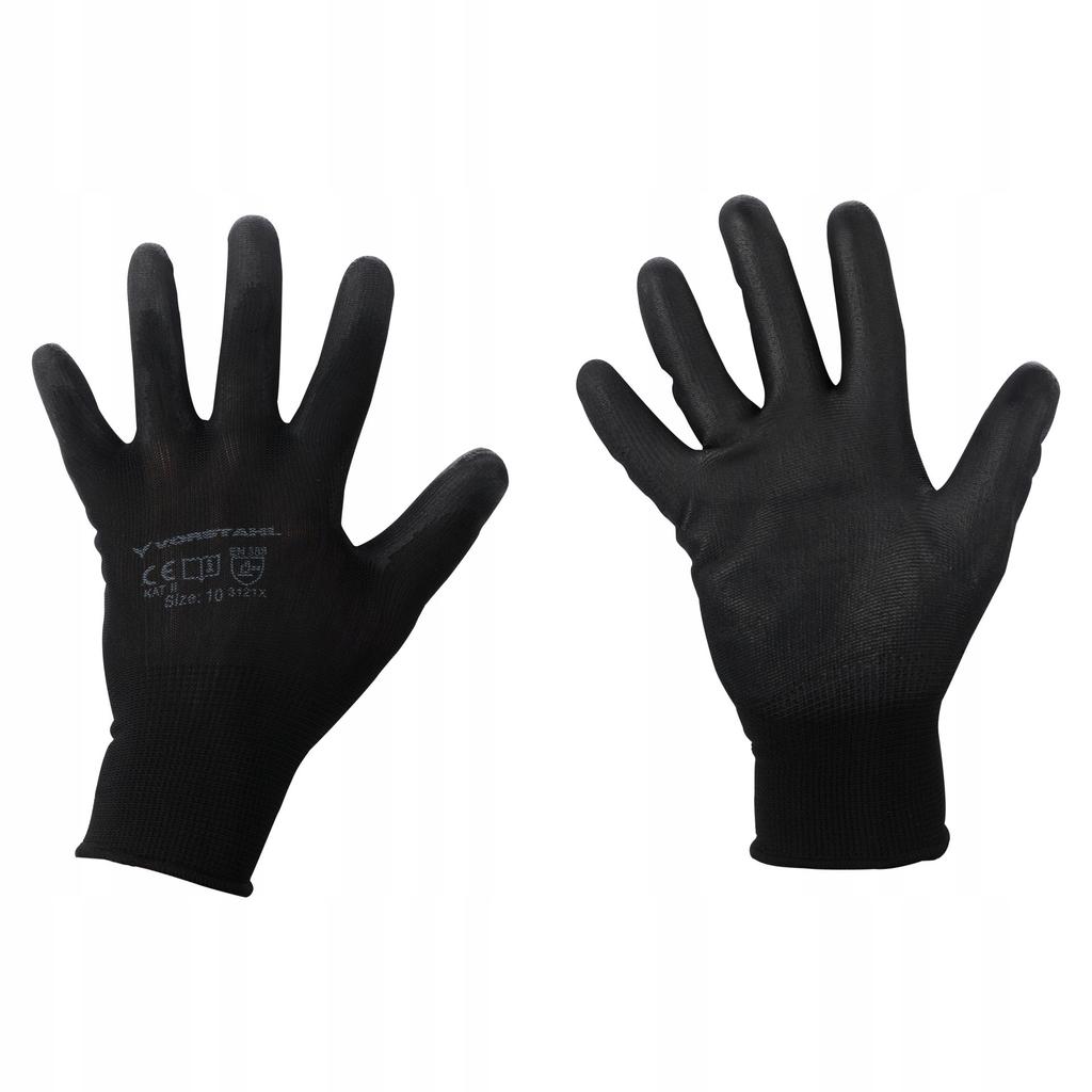 Polyester gloves with polyurethane, black, pack of 12, size 9, Vorstahl quality