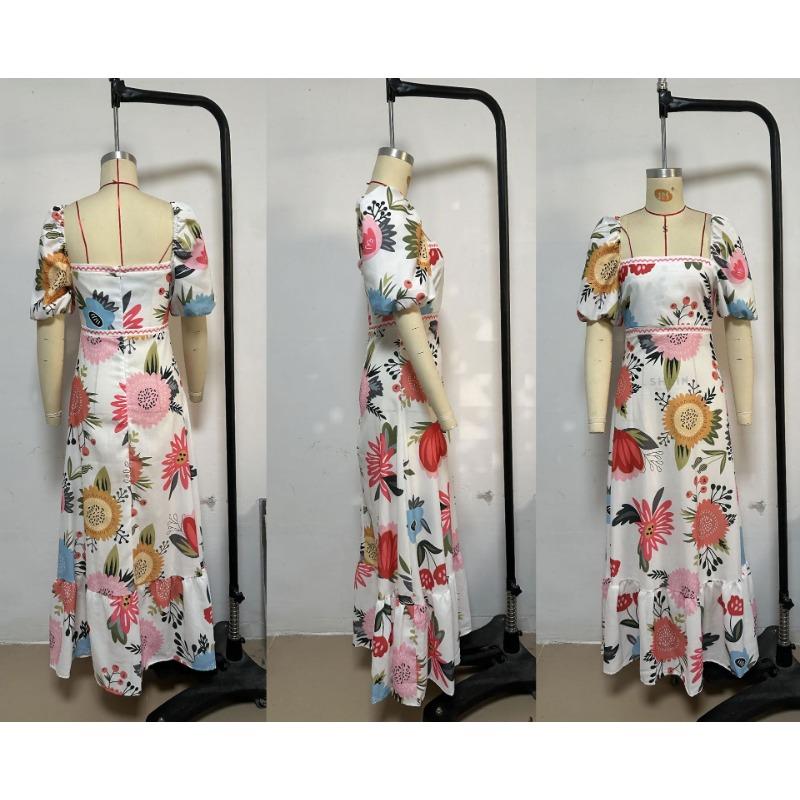 Women's Summer Casual One-line Collar Print Lantern Sleeve Fashion Dress