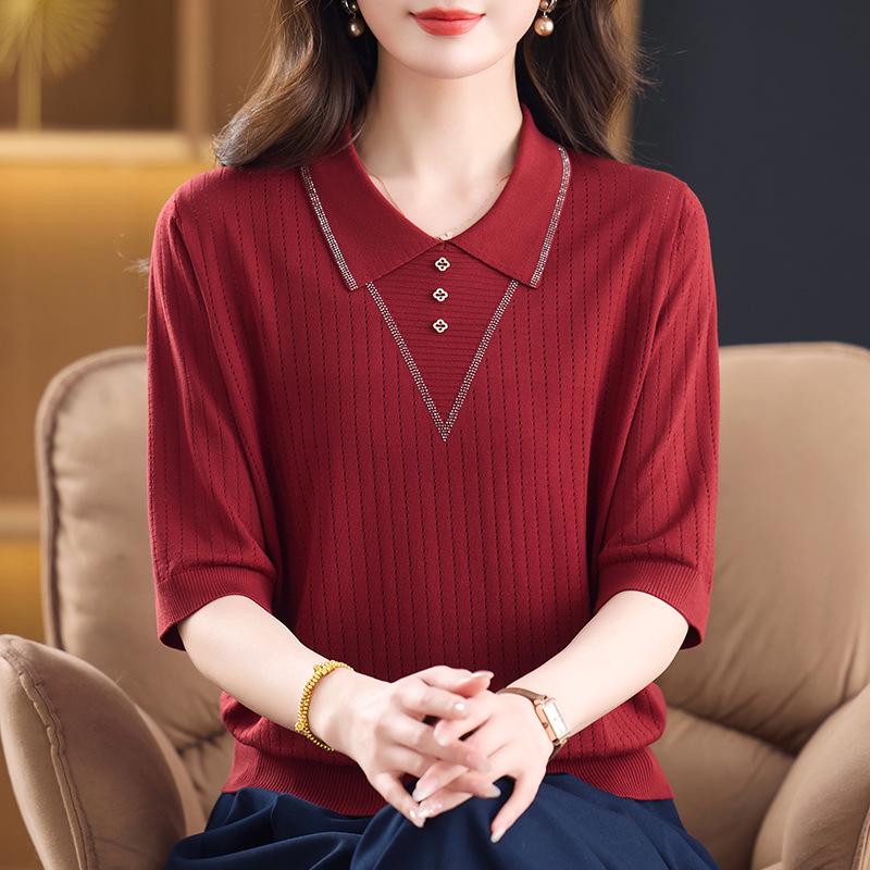 Mom's Autumn Ice Silk Knit Top: Stylish Mid-Sleeve Design with Lapel and Hot Drill Details, Perfect for Middle-Aged Women.
