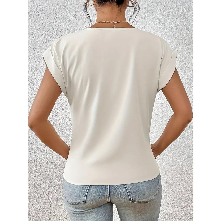 Elegant Short Sleeved Top for Spring and Summer Solid Color V-neck Women's T-shirts