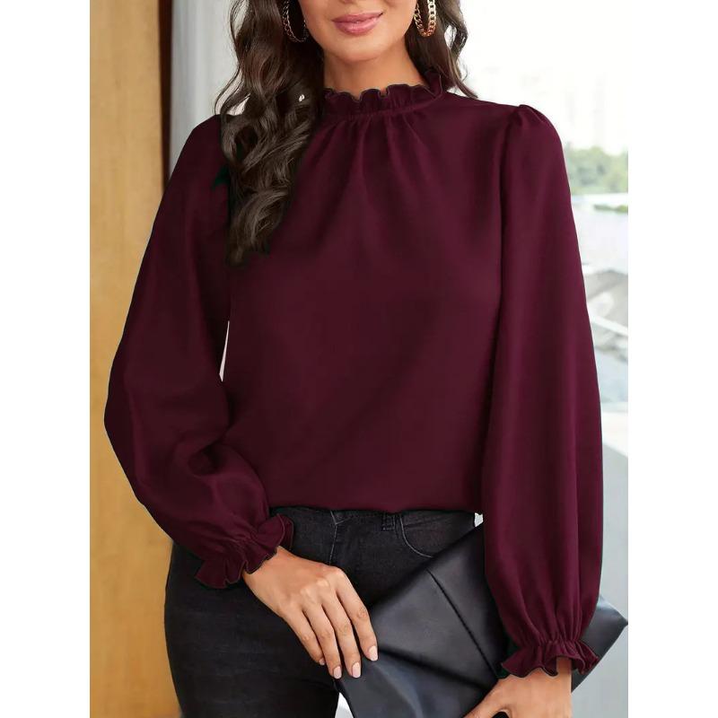 Women's Fashion Casual Spring Fall Solid Color Print Long Sleeve O-Neck Blouses & Shirts