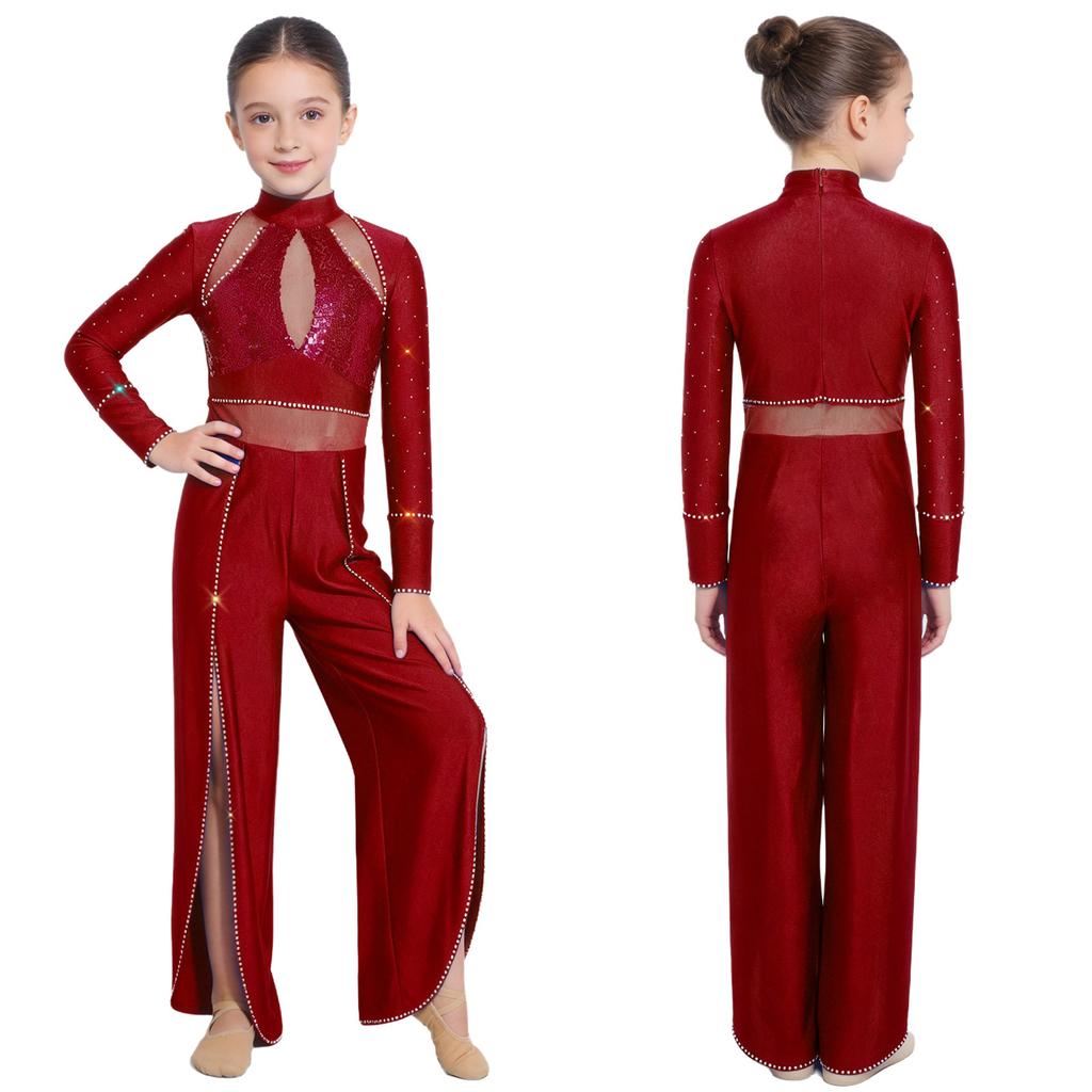 Kids Stage Performance Leotard Mock Neck Long Sleeve Sequins Rhinestone Mesh Patchwork Back Zip Split Wide Leg Jumpsuit for Lyrical Dance
