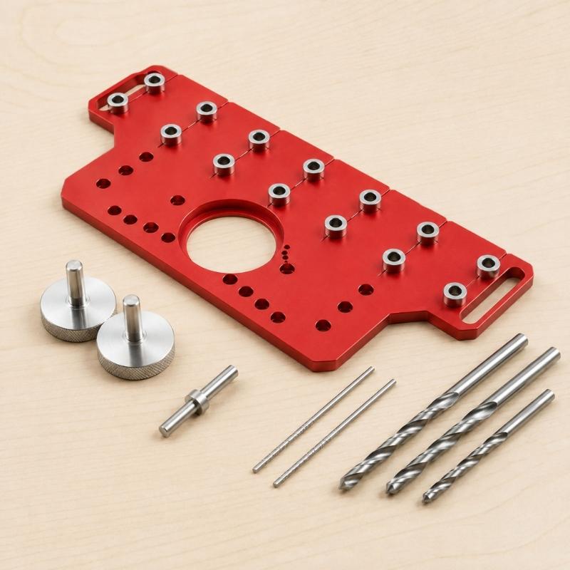 Cabinet Hole Drilling Guide with Aluminum Plate, Guide Bushings and Metal Parts for Shelf Pin Layout and Furniture Assembly Work Tasks