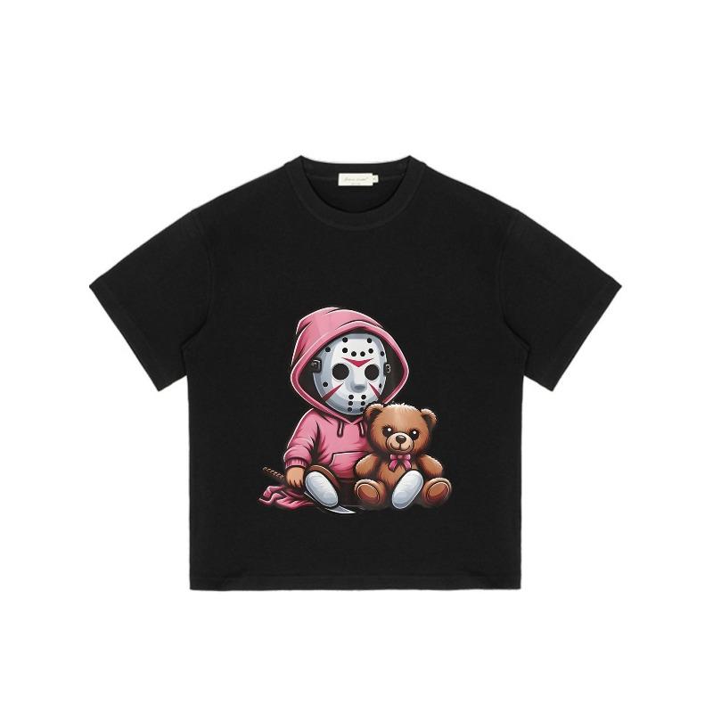Black T Shirt With Jason Voorhees And Teddy Bear Graphic For Casual Wear