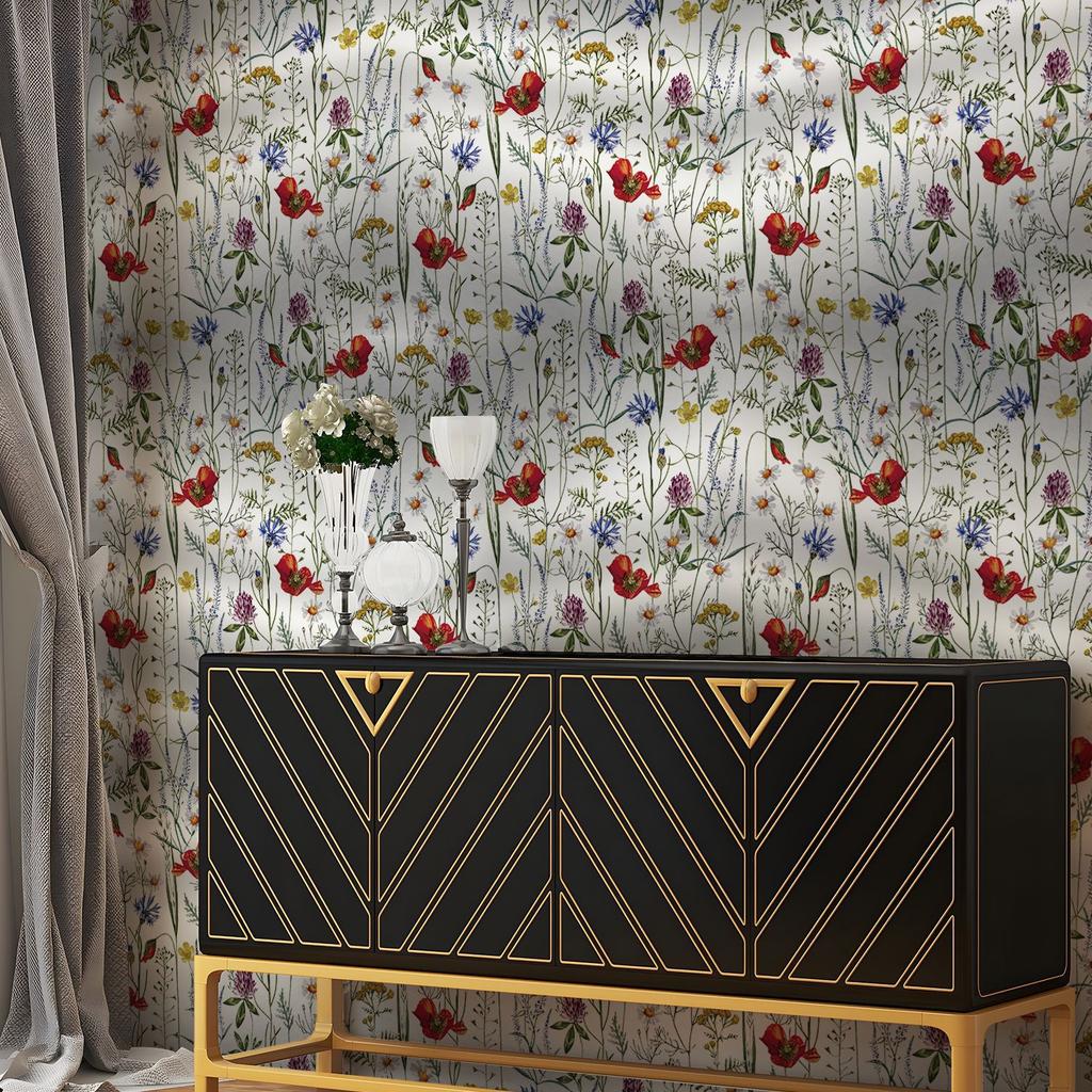 Watercolor Meadow Floral Wallpaper Peel and Stick Wildflowers Self Adhesive Removable Wallpaper for Bathroom Kitchen Cabinets
