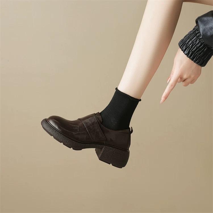 Thick-soled round head retro simple loafers women's Velcro autumn new commuter thick heel comfortable deep mouth single shoes women