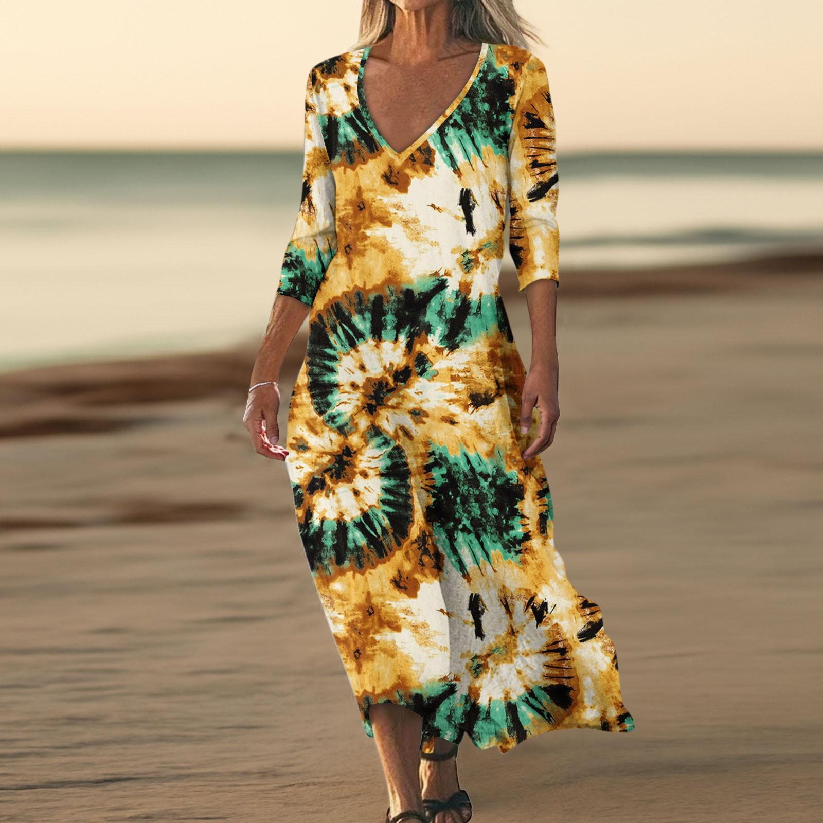 

Сукні Для Жінок Вінтажний Принт Туніка З Талією Міді Сукня Літня Повсякденна Сукня З Рукавом 3/4 XL жовтий