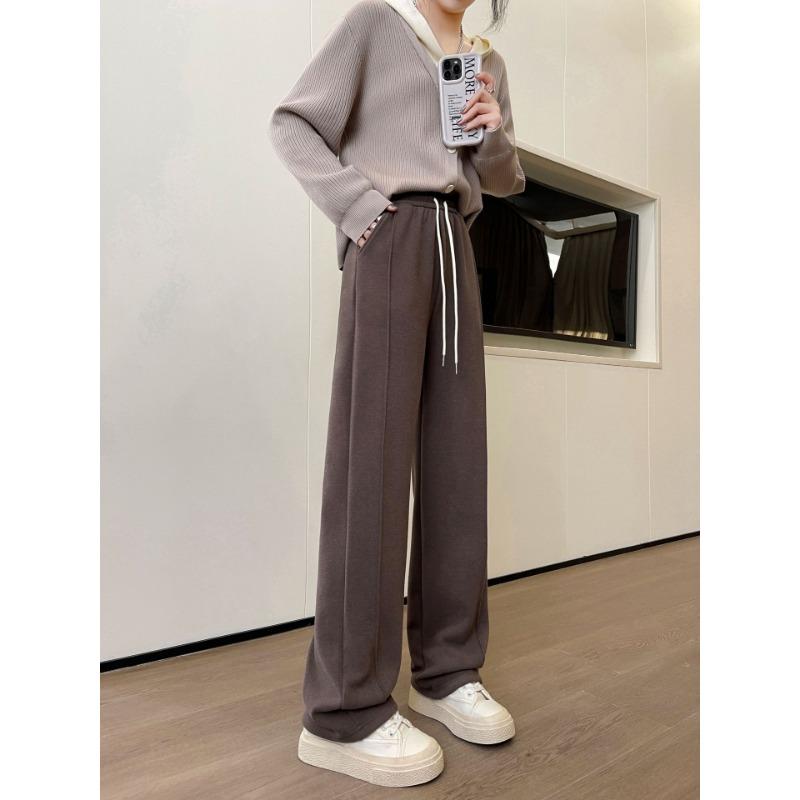 Composite Fleece Thickened Warm Elastic Waist Loose Straight Leg Wide Leg Casual Pants