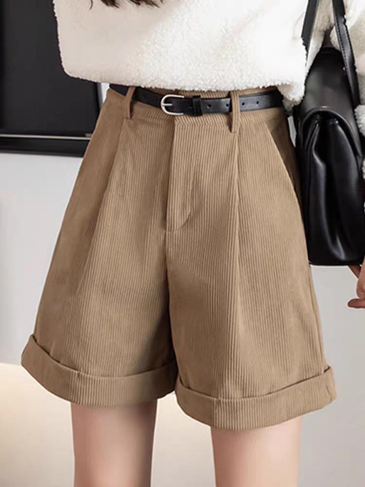 Plus Size High Waist Corduroy Shorts - Women's Autumn/Winter Wide Leg, Loose Casual Five-Point Shorts