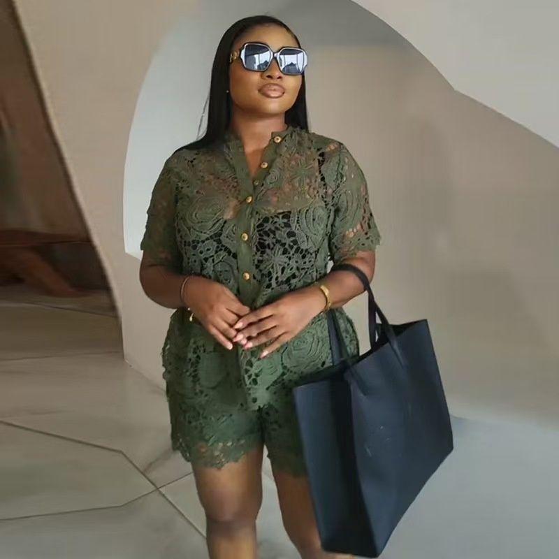 

European and American Fashion Sexy Lace Hollow out Top Shorts Set Sexy Lace Top and Shorts Set Army Green S