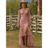 Damen Vintage Weiß Spitze V-Ausschnitt Langarm Quasten Saum Midi Kleid Hohe Taille Fließend A-Linie