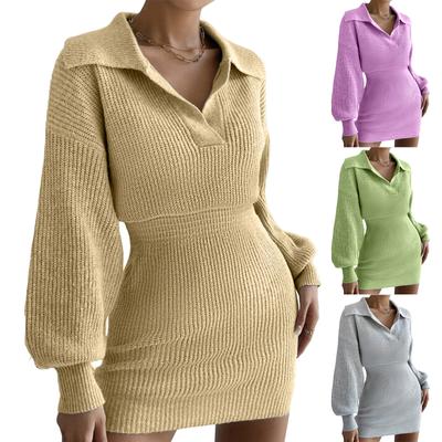 Damenmode Lässig Umlegekragen Laternenärmel Langarm Einfarbig Gestricktes Kleid