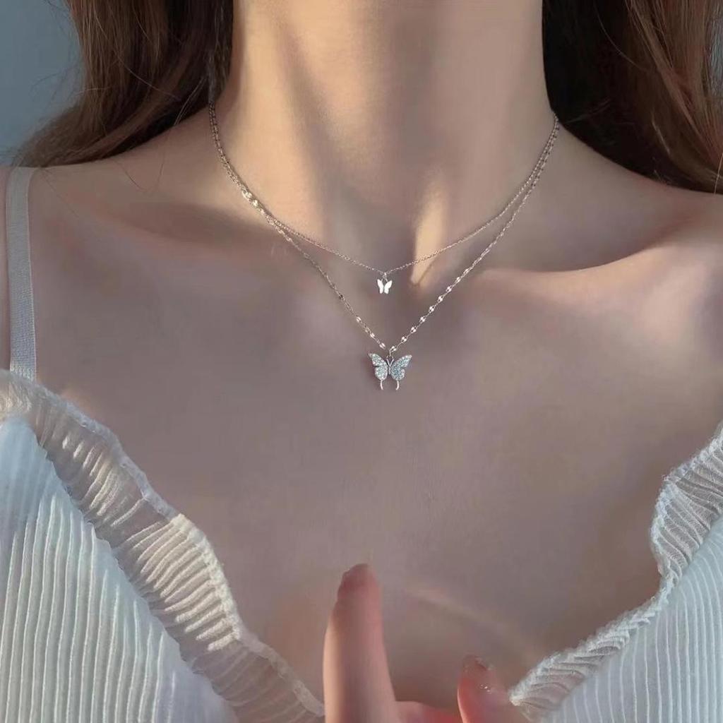Double-Layered Butterfly Pendant Necklace - Titanium Steel, Light Luxury Design, Fade-Resistant Clavicle Chain
