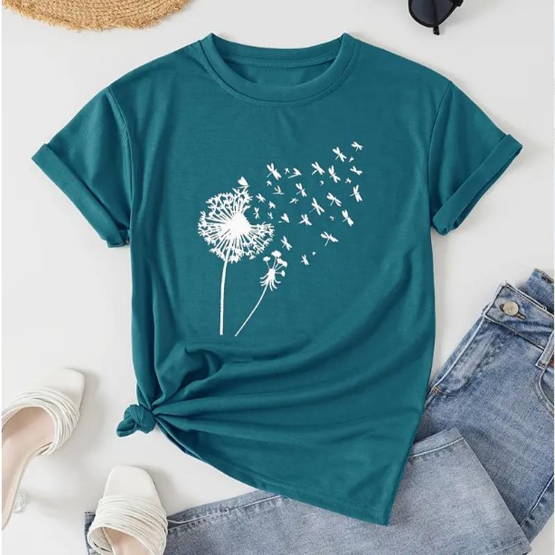 T-shirt à col rond imprimé pissenlit, T-shirt décontracté à manches courtes pour le printemps et l'été, Vêtements pour femmes