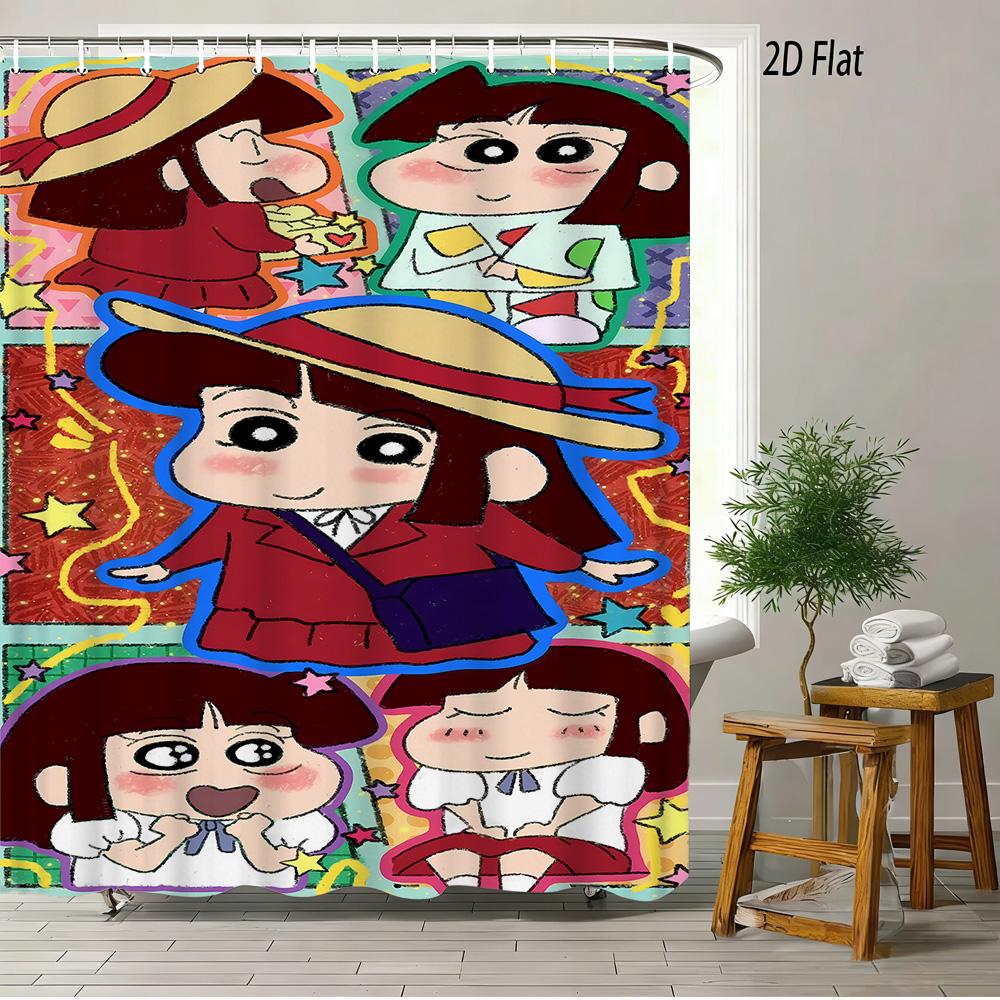 Crayon Shin-Chan & Himawari & Shiro & Leopard & Rooster Jungle Adventure Scene 2D Print Waterproof Shower Curtain, Bright Green