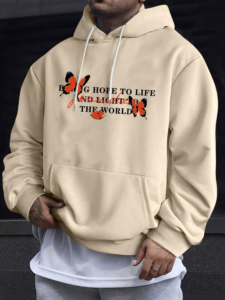 Artistic Letter Overlay Design Men Hip Hop Sports Hoodie, Vivid Butterfly Pattern With Motivational Phrase Back Layout, Oversized Street Pullover