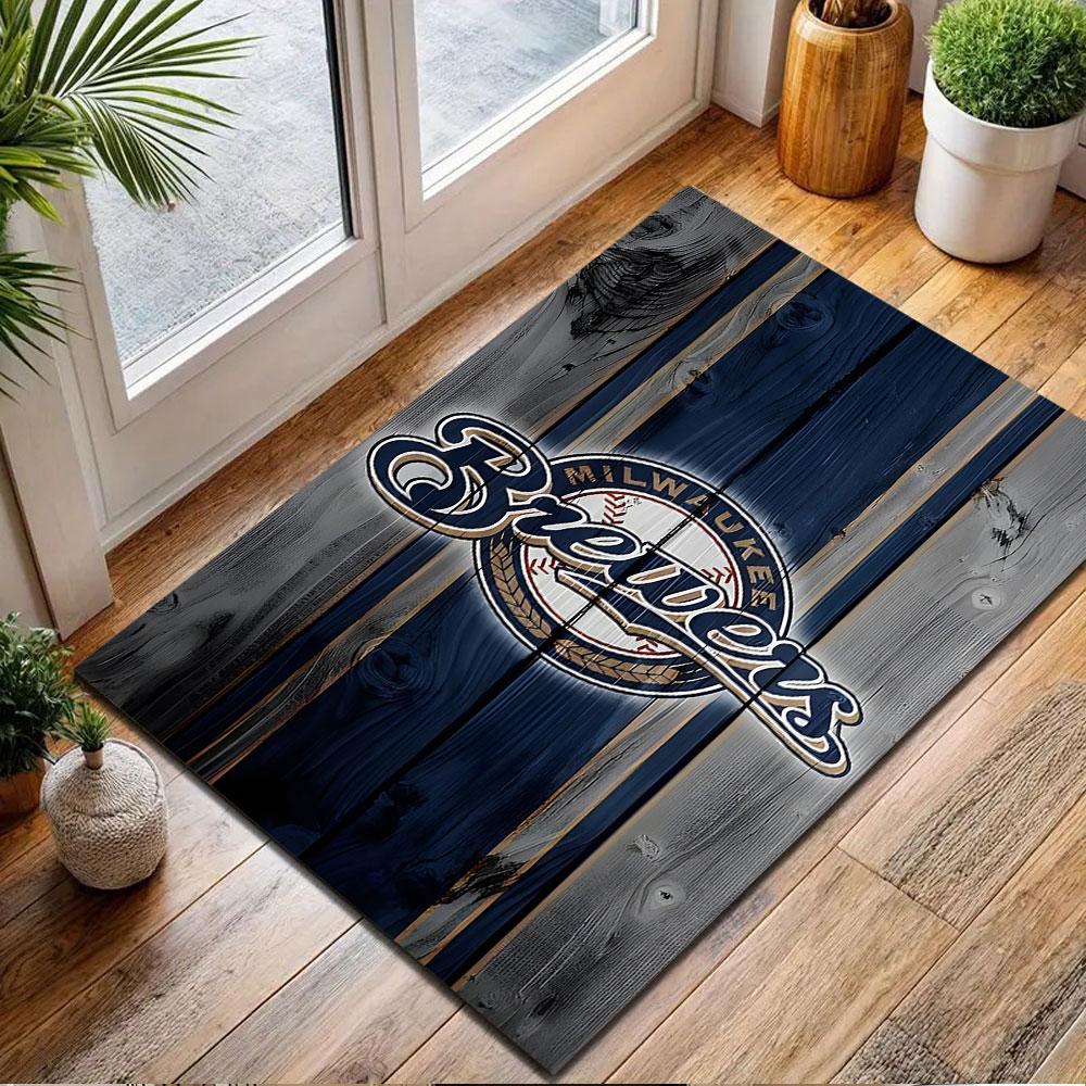 "Milwaukee Brewers Logo On Wood Texture" Patterned Carpet, Non Slip Mat Suitable for Living Room and Bedroom Sofas