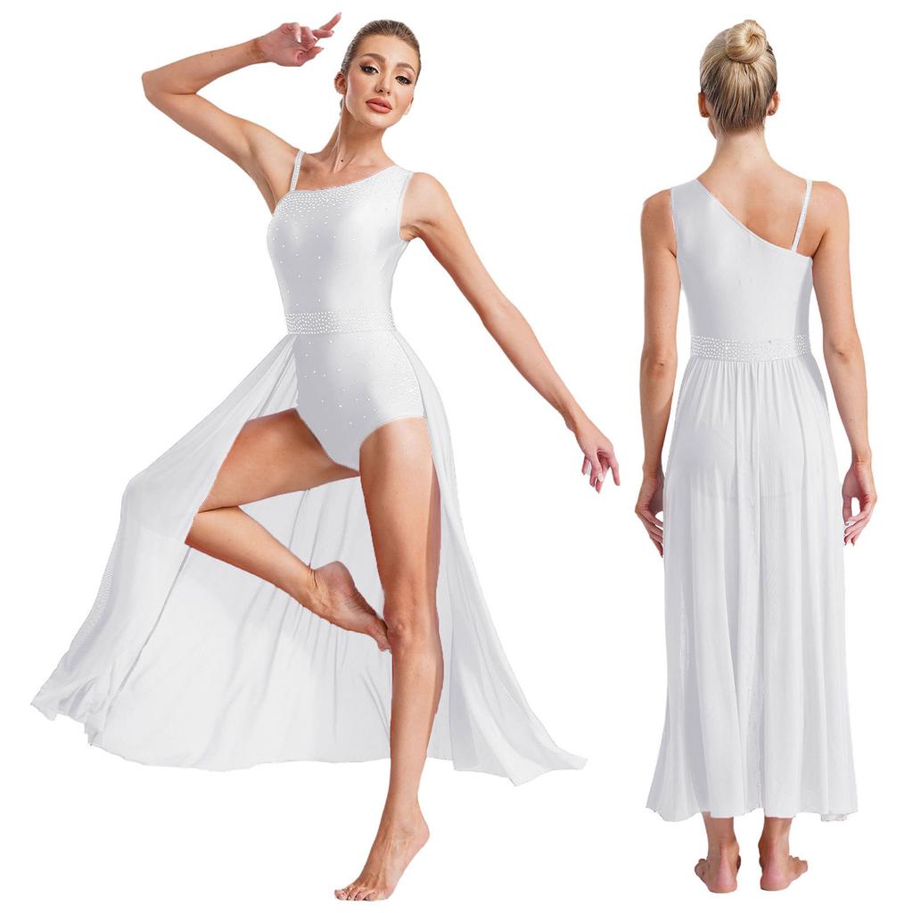 Φόρεμα Λυρικού Χορού για Γυναίκες Αμάνικο Λαμπερό Στρας Ασύμμετρο Διάφανο Τούλι Ενδυμασία Παράστασης