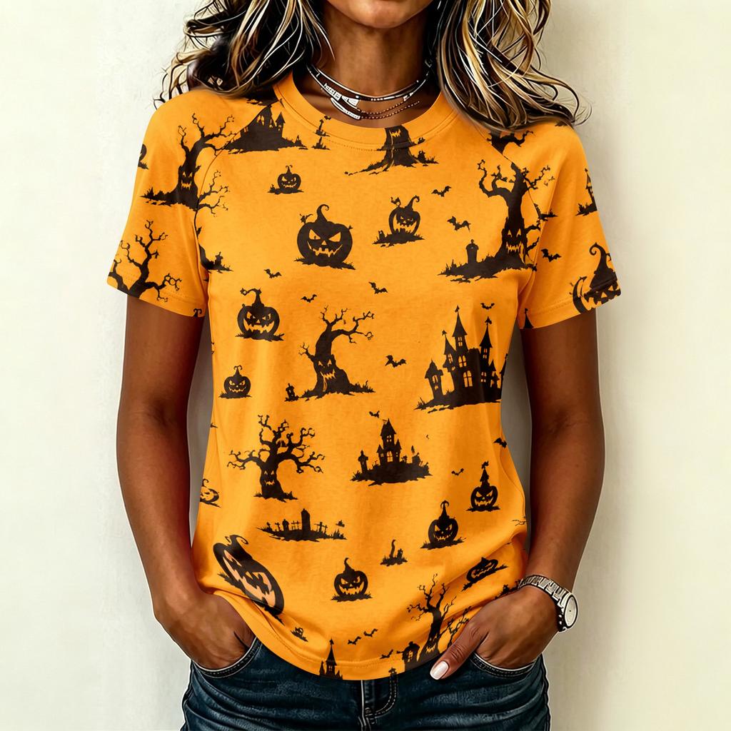 Women Raglan Sleeve Casual Short Sleeve Top Halloween Print Round Neck T Shirt Lightweight Comfortable Fit