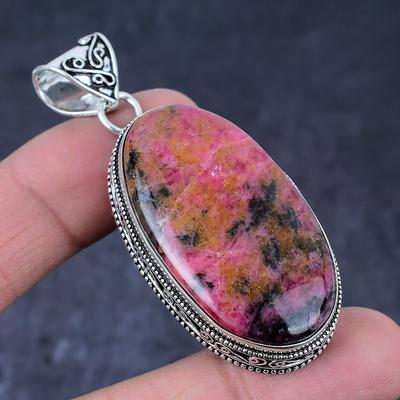 Natural Rhodonite Gemstone Handmade 925 Sterling Silver Pendant 2.48" n1H14