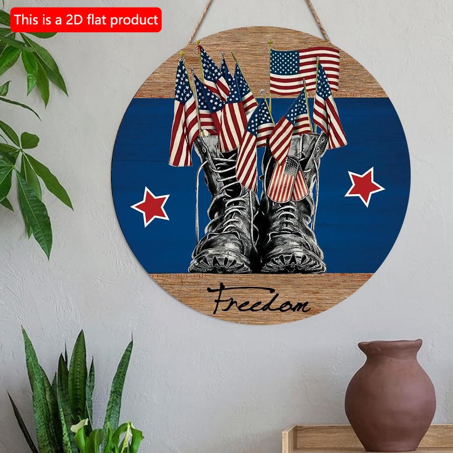 2D Flat 20*20cm1pc Freedom Memorial Theme Warrior Shoes and Flag Pattern Wooden Hanging Door Decor, USA Independence Day Blue Style Sign, Suitable