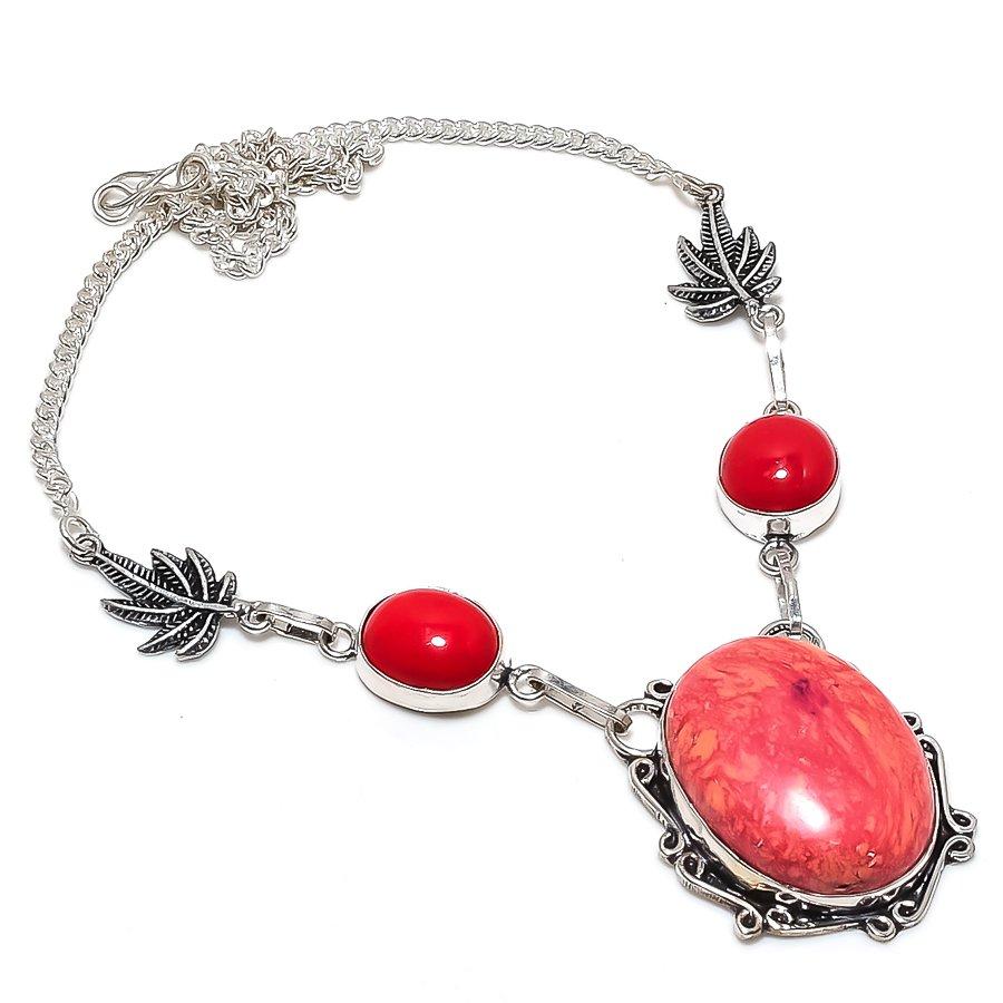 

Mosaic Jasper, Coral Gemstone 925 Sterling Silver Jewelry Necklace 18