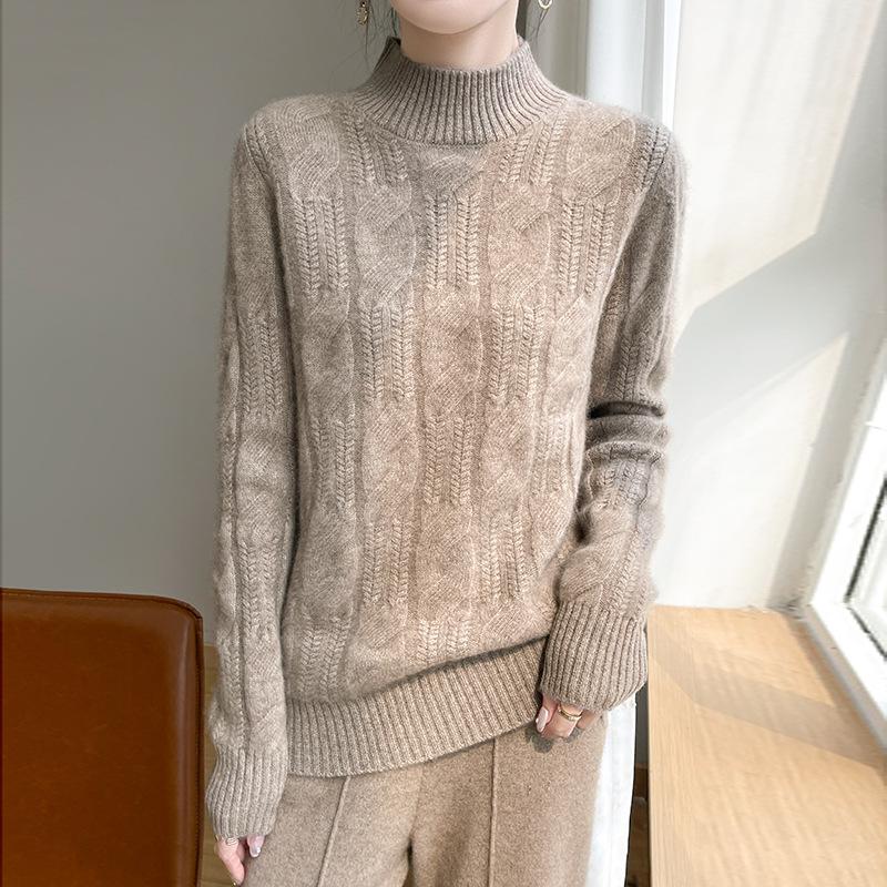 Autumn and Winter Thickened Hemp Cardigan Sweater for Women Trendy Versatile Half Turtleneck Cashmere Knitted Base Sweater