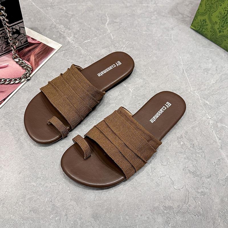 Design Sense Niche Set Toe Pleated Flat-bottomed Slippers Women's Summer Wear 2025 New Korean Version Casual Soft-bottomed Cool Slippers