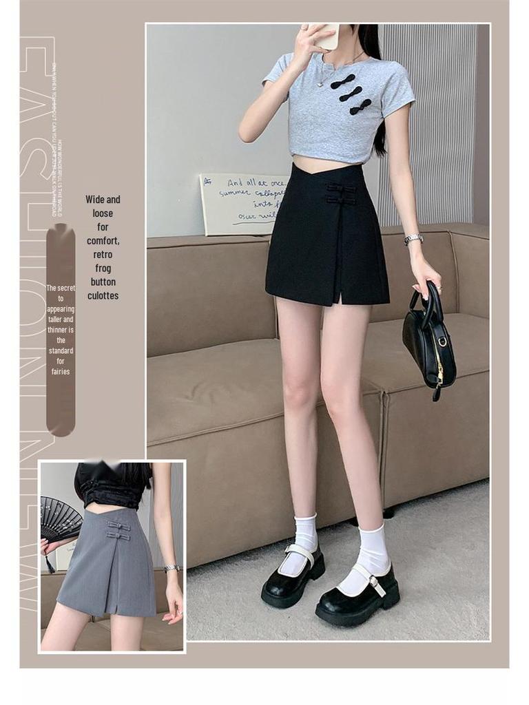 High Waist Chinese Style Midi Skirt with Irregular Frog Closure and Slit - Women's Summer Slimming A-Line Skirt Pants