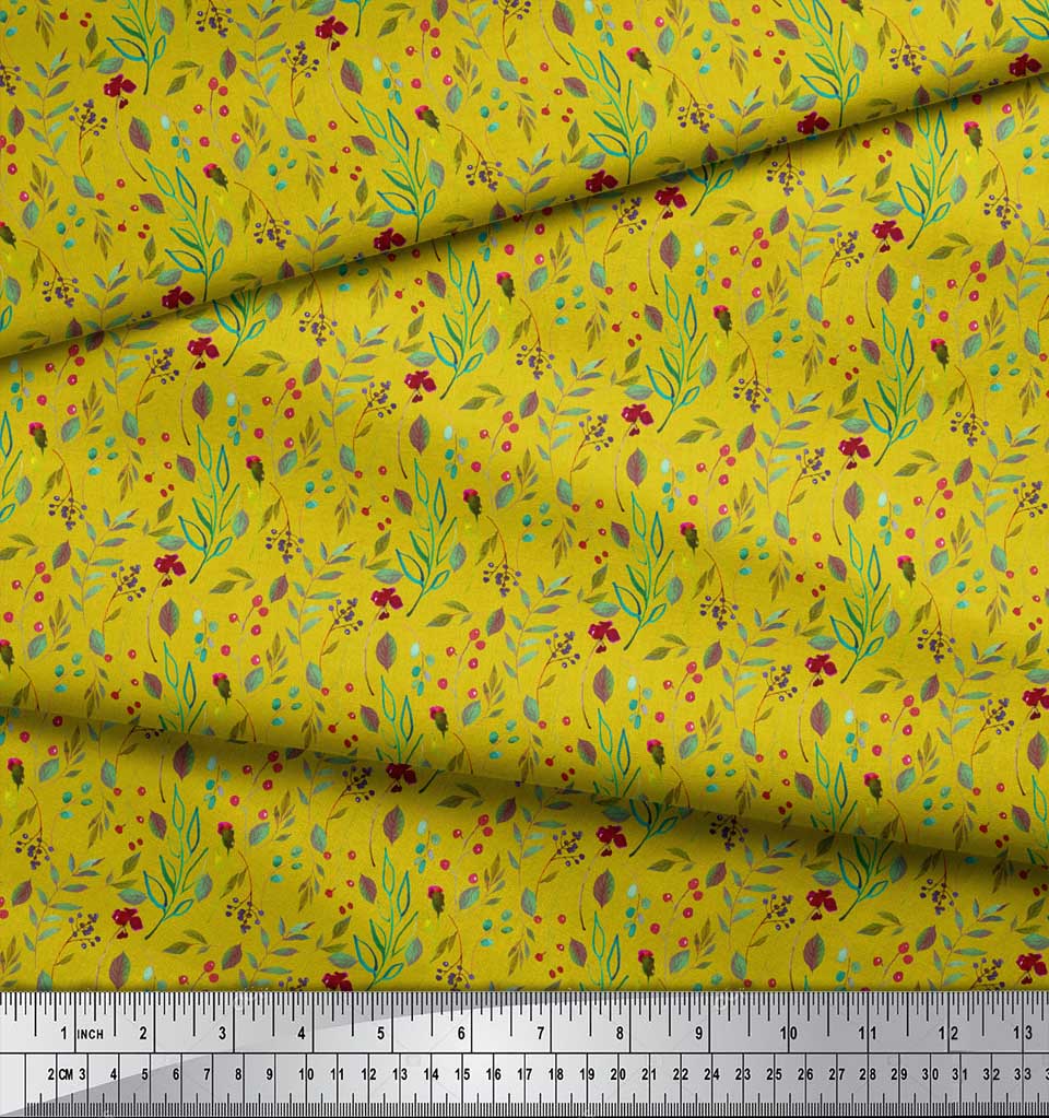 Soimoi Blue Japan Crepe Satin Fabric Red Berries & Beech Leaves Print Fabric by the Metre 42 Inch
