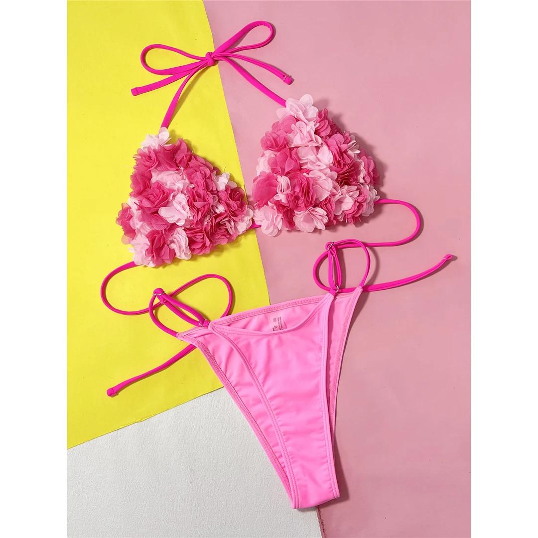 

Sexy 3D Flowers Halter High Leg Cut Bikini Women Swimwear Female Swimsuit Two-pieces Bikini set Bather Bathing Suit Swim S розовый