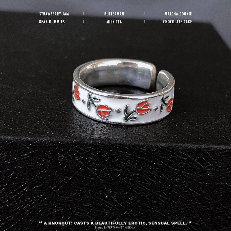 Zhao Ruth, The Same Tulip White Open Ring, Enamel Dripping Oil Niche Design, Cold Wind Ring Woman