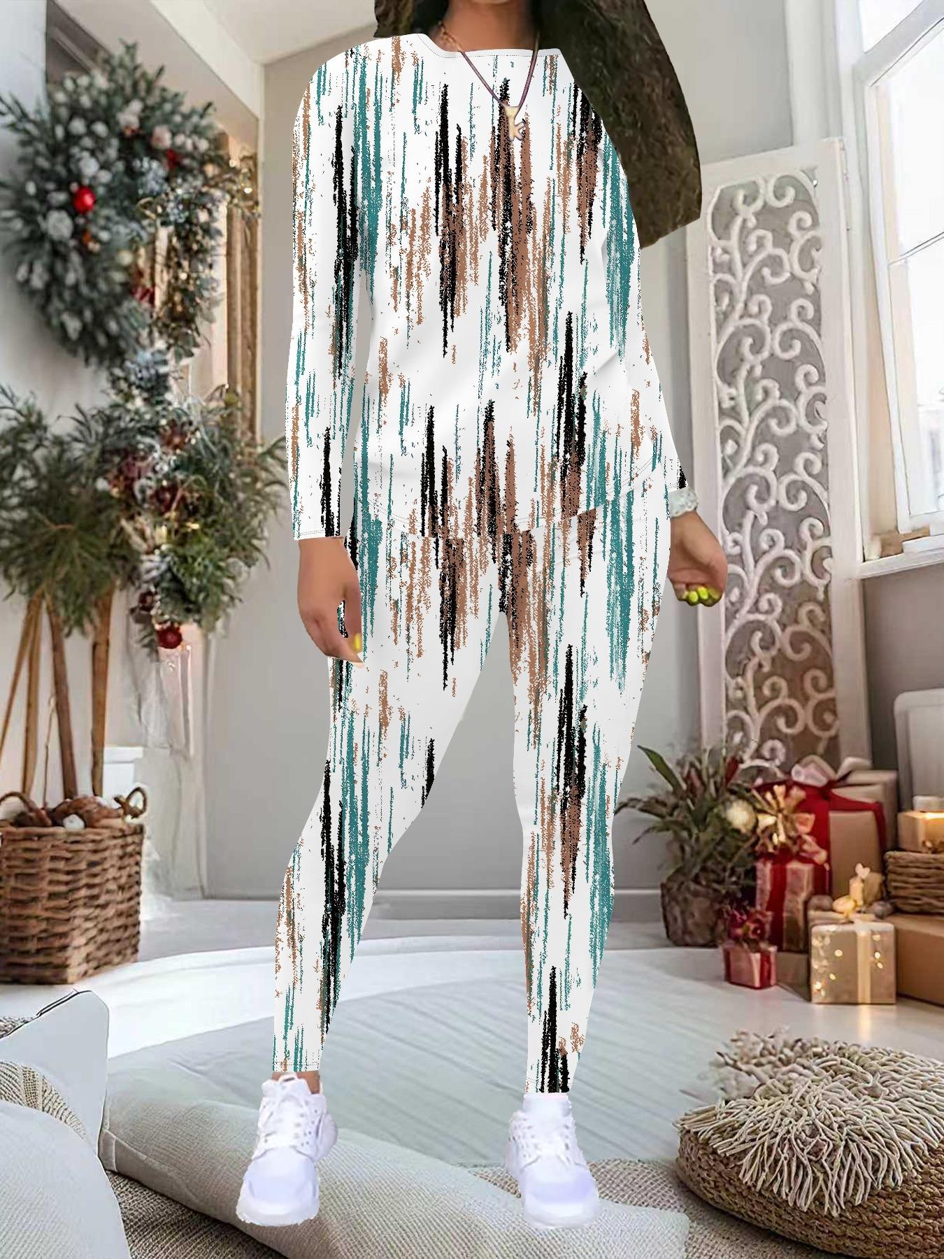 

Women s Flower Print 2-Piece Outfit: Long Sleeve Crew Neck Top & Pants, Holiday Limited Casual Party Gift Suit XXL белый