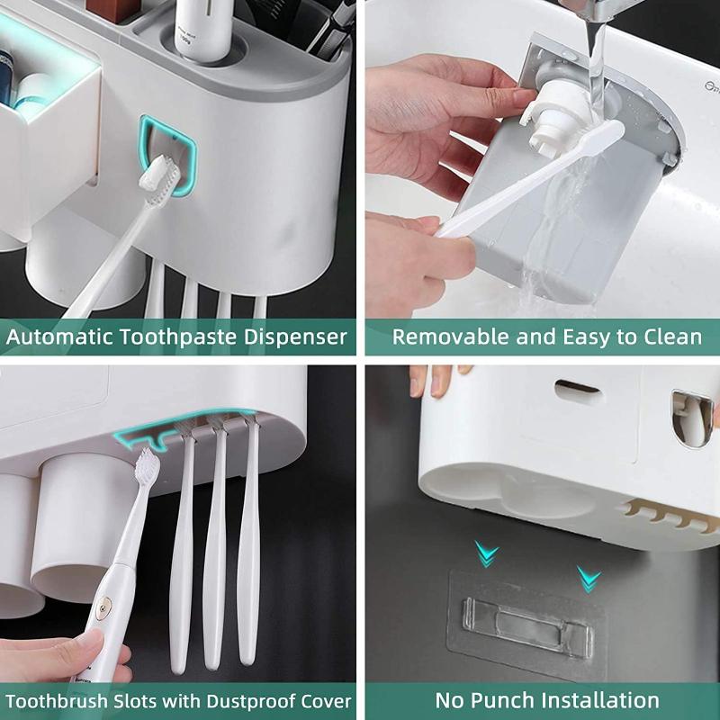 Toothbrush Holder Wall Mounted Automatic Toothpaste Dispenser Squeezer Kit -Magnetic Toothbrush Holder for Bathroom and Vanity