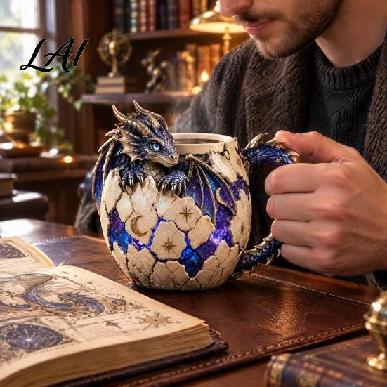 Tabletop Display Ornament Fantasy Dragon Egg Mug Stainless Steel Liner 3D Relief Baby Theme Party Props Coffee Cup Realistic Resin Desktop for Home