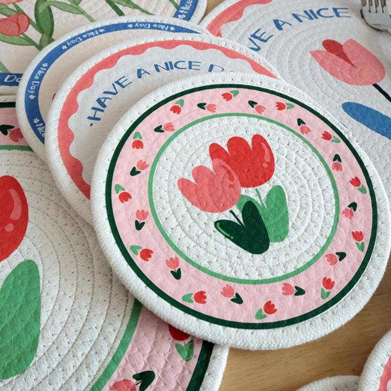 Tulips Flower Mats Cotton Rope Heat Insulated Placemats Party Essential Table Pad