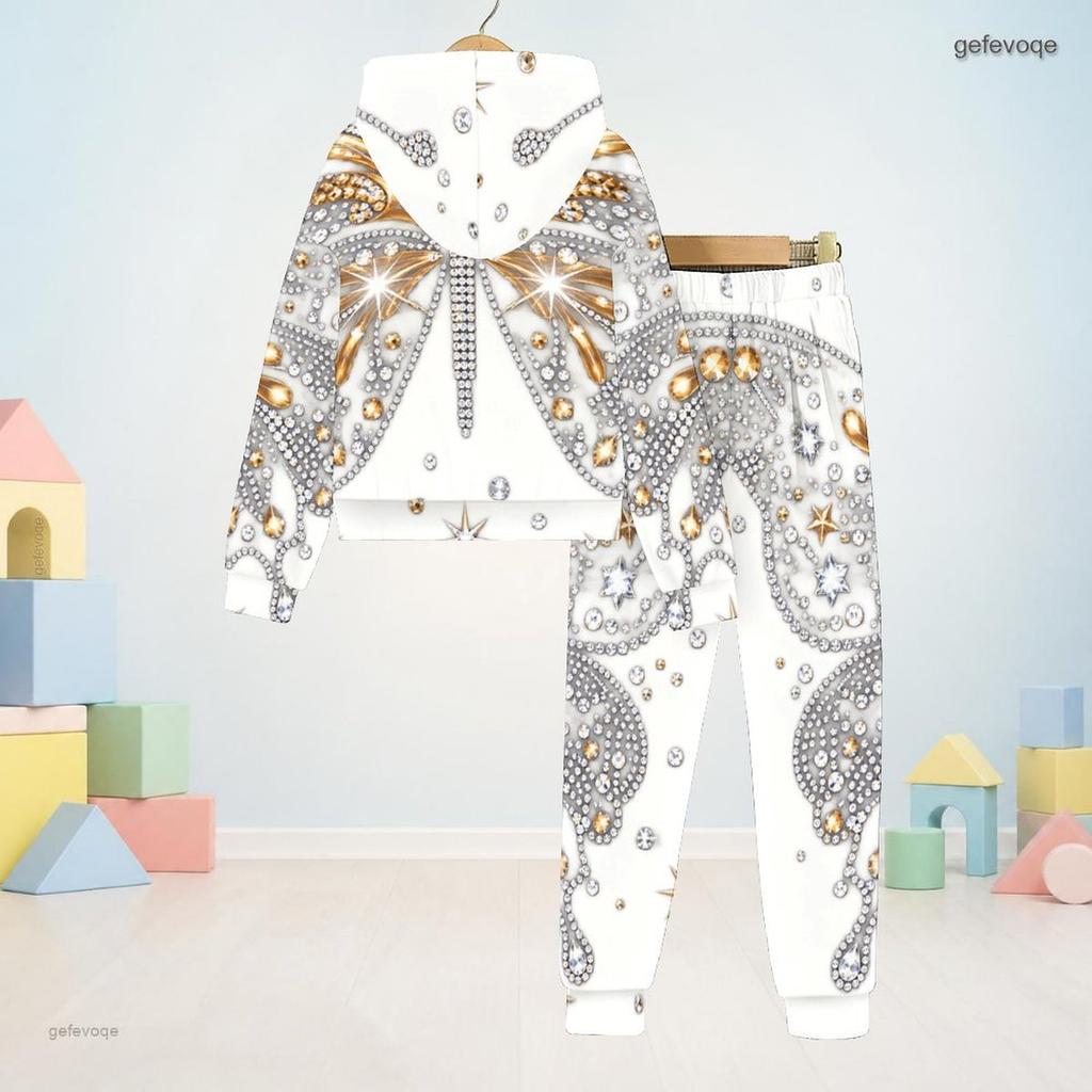 Boys Girls Hooded Long Sleeve Printed Sweatshirt Cuffed Pants Two Piece Set
