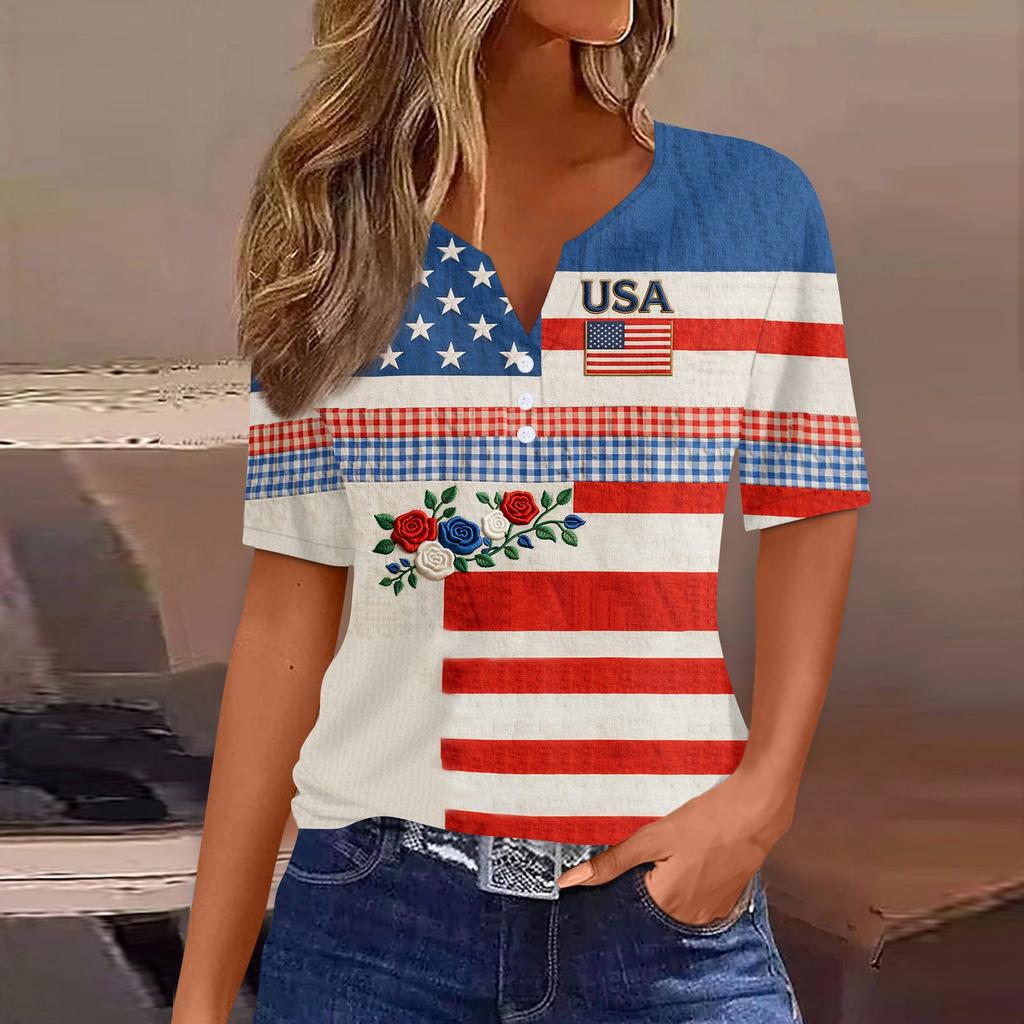 Women's Fashion Casual Independence Day Print V-Neck Short Sleeve Button-Up T-Shirt Top