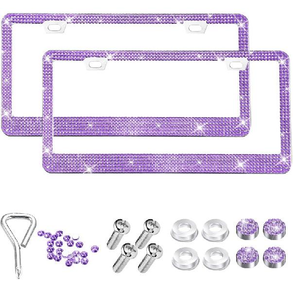 2PCS Bling Car License Plate Frame, Stainless Steel Rhinestone Vehicle License Plate Cover with Screws Caps, Sparkly Automotive Decoration