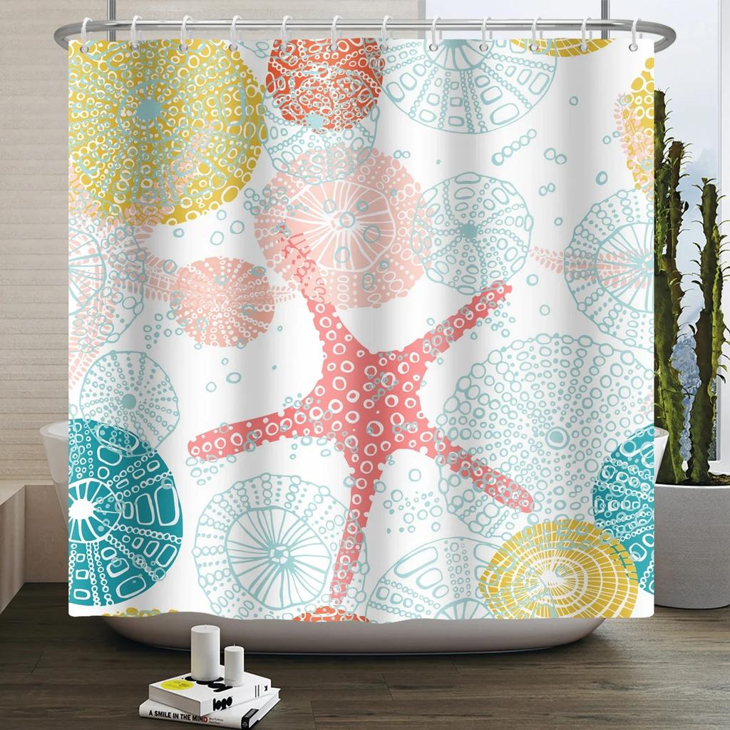 Nautical Coastal Shower Curtain Starfish Coral Seashell Beach Ocean Bathroom Curtain Underwater Marine Waterproof Bath Curtain