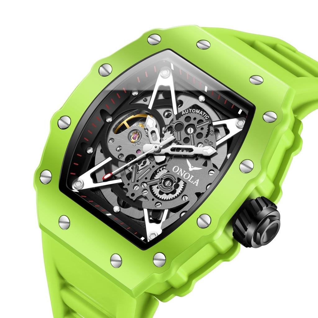 Orologi da uomo Tonneau Scheletrato Automatico Meccanico Impermeabile Luminoso Sportivo da Polso
