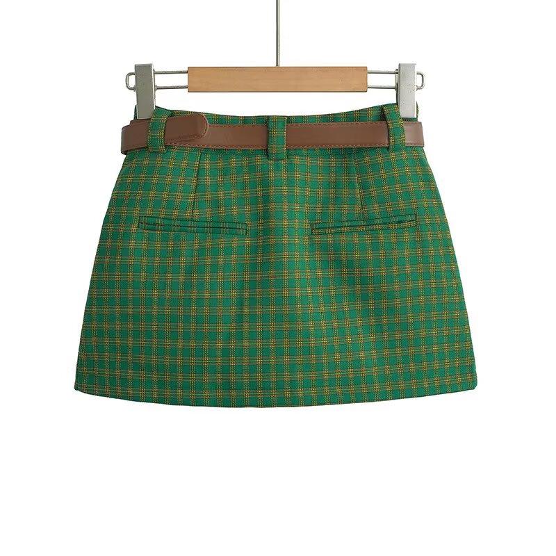 Korean Retro Plaid Short Skirt with Letter Embroidery - Women's Slimming A-line Style