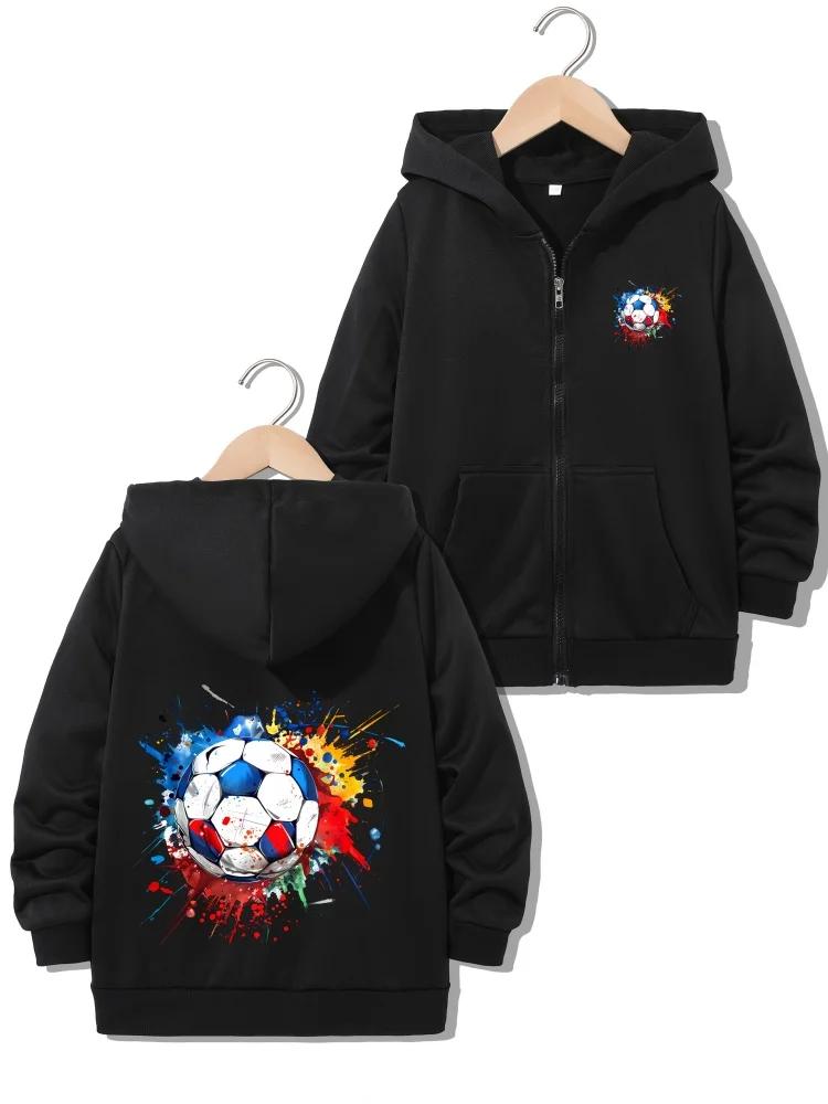 Kids Zip Up Hooded Jacket Color Splash Soccer Ball Graphic Long Sleeve Casual Sports Hoodie For Boys Training Daily Outdoor Outf