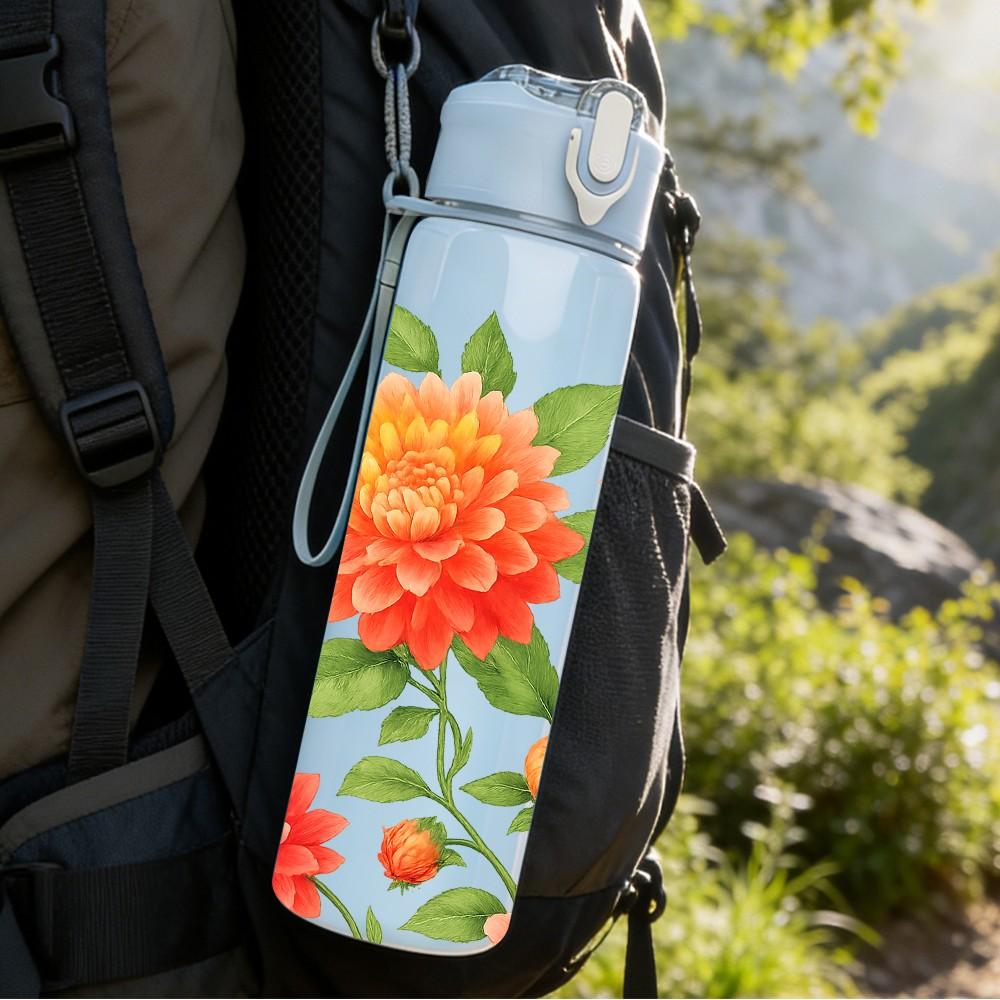1PC Bright Orange Red Peony Flower Print 750ml Color Plastic Sports Water Bottle Leakproof Flip Straw Lid Suitable for Sports Office Home Use
