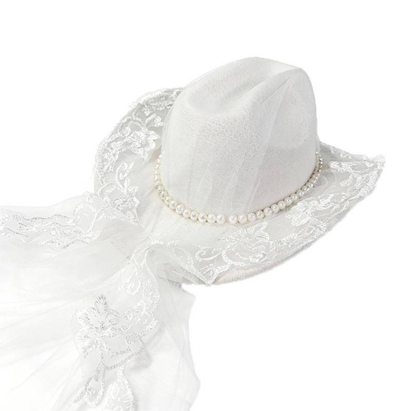Stickerei Schleier Perlen Cowboyhut für Brauthochzeiten Zeremonie Fotoshootings Zubehör Besonderes Event Styling Kopfschmuck