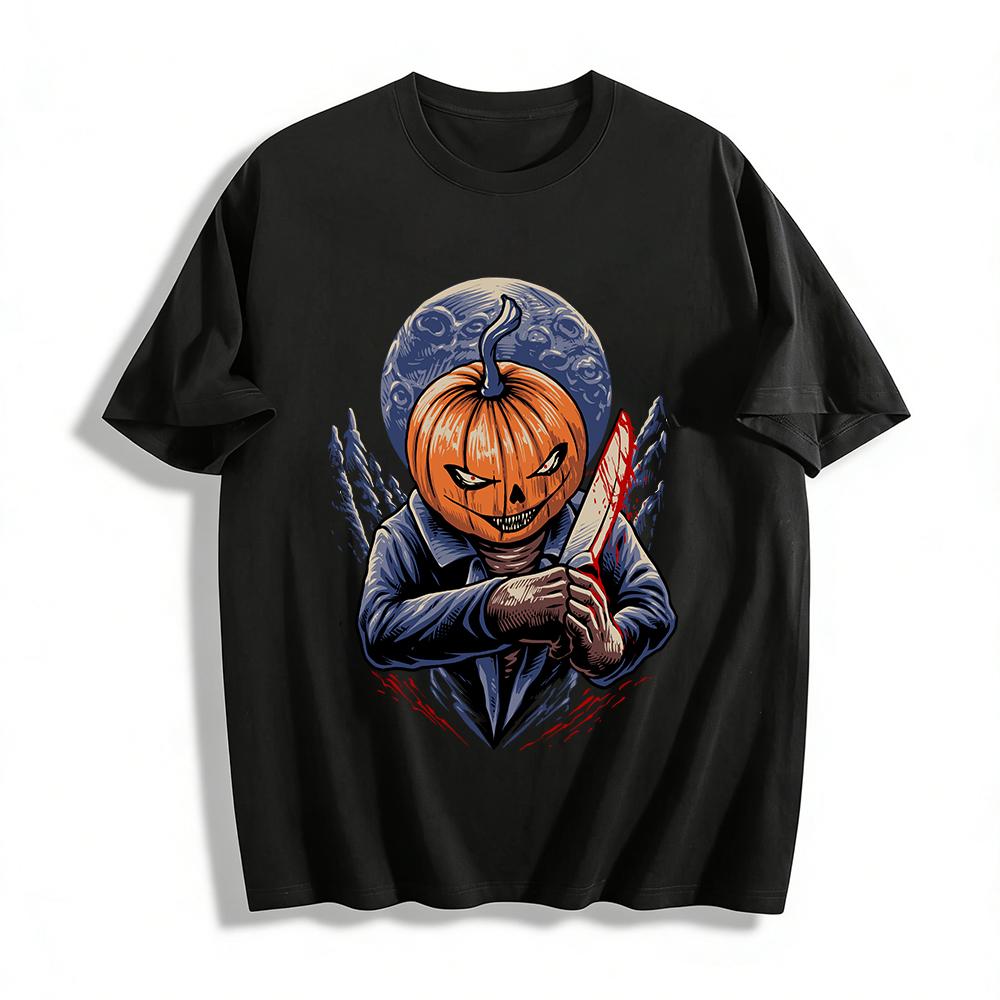 Halloween Scary Pumpkin Head With Knife Graphic Casual Top Pure cotton T-shirt XXS