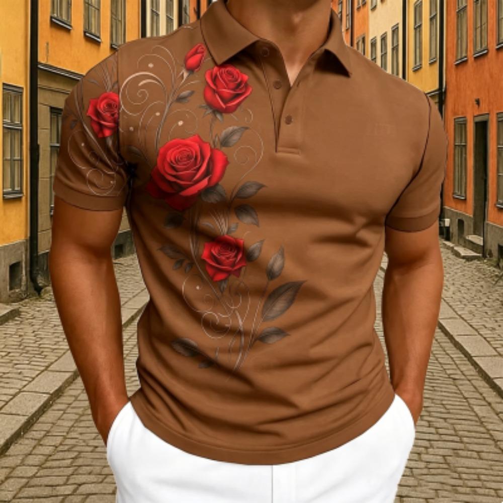 Elegantes Rotes Rosen-Blumenmuster Poloshirt Herren Outdoor Street Kurzarm T-Shirts Oberteil Sommer Zuhause Lässiges T-Shirt Herren und Damen Poloshirt
