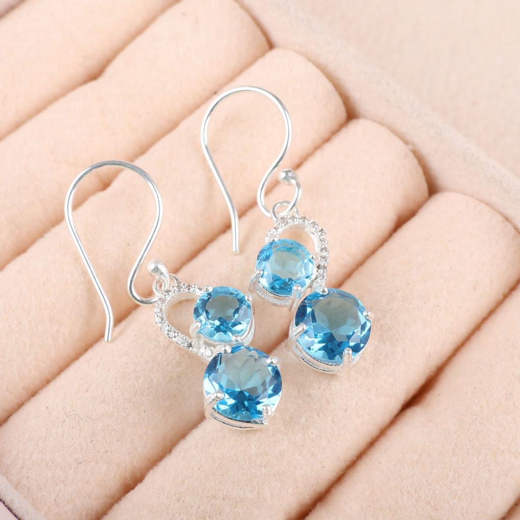 Schweizer Blautopas Edelstein 925 Sterlingsilber Schmuck Zirkon Hakenohrringe 1,38" CZE-3-9