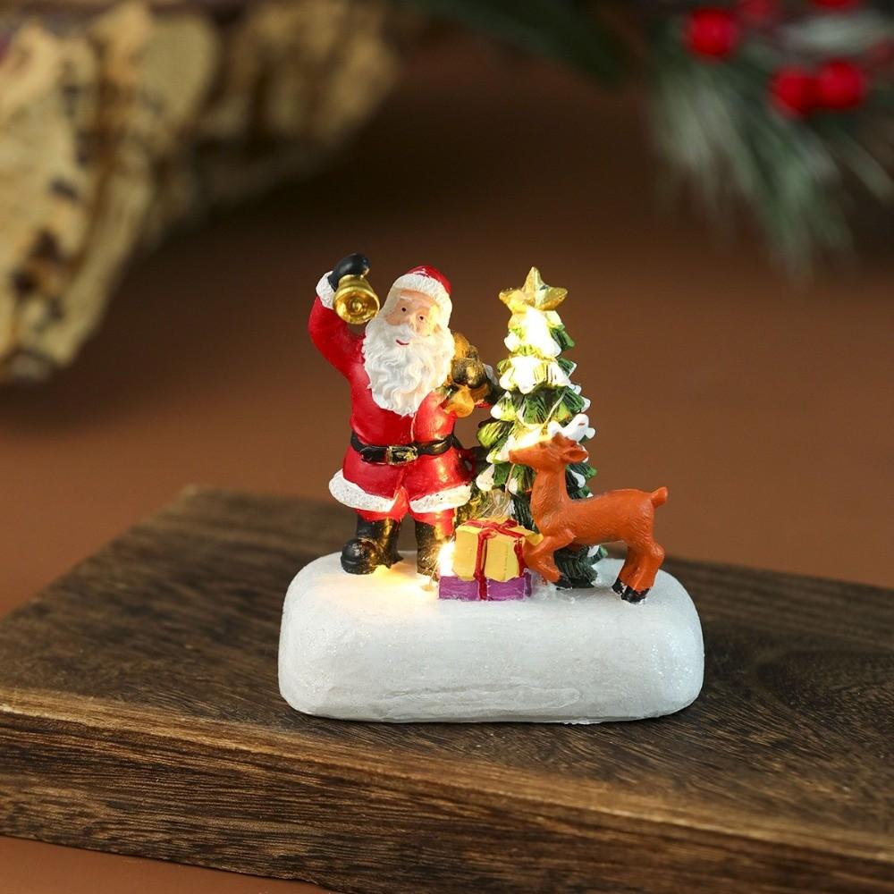 Resin Christmas Village Houses Mini LED Light New Year Micro Landscape Snow View Santa Claus Xmas Ornament Desktop Decor